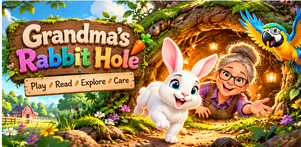 Grandma's Rabbit Hole: Play, Read, Explore, Care. Grandma and a white rabbit welcome you at a glowing woodland doorway.