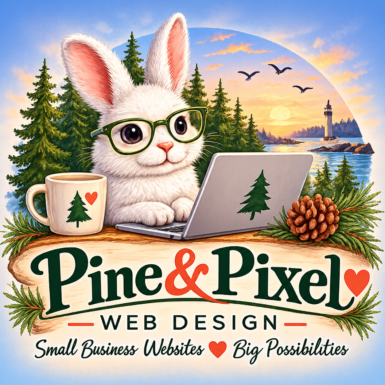 Pine and Pixel's bunny-and-laptop brand artwork