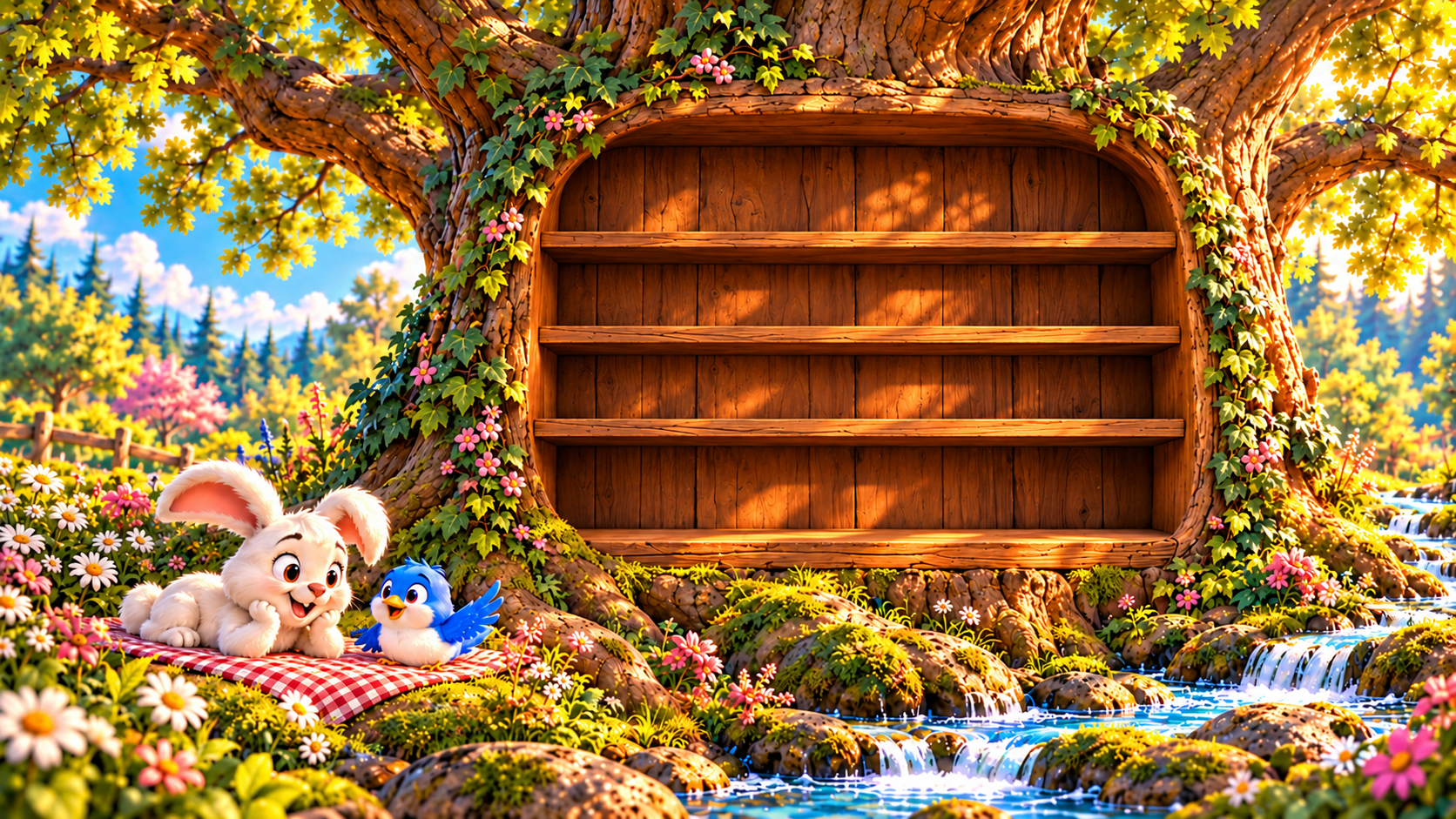 Waffles and Pip beside their woodland book tree, with eleven illustrated book covers on its shelves.