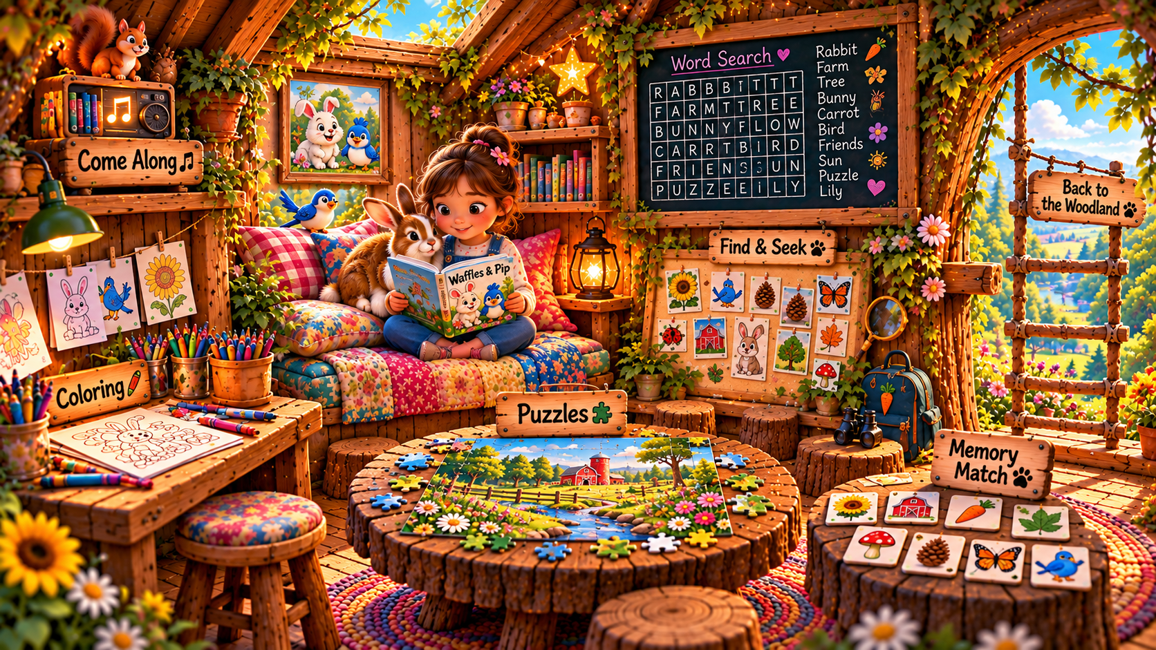 Lily's cozy treehouse with a reading nook, coloring desk, puzzles, games, and music.