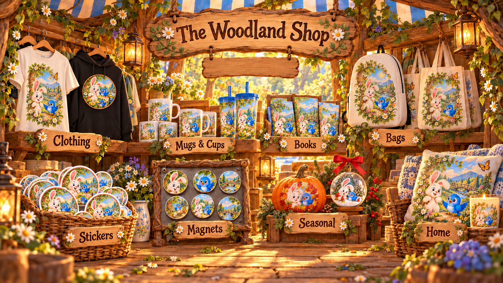 The Waffles and Pip Woodland Shop, with illustrated displays for clothing, mugs and cups, books, bags, stickers, magnets, seasonal gifts, and home merchandise.
